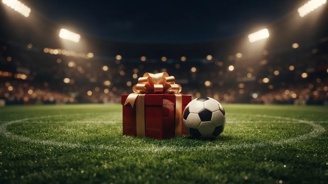 Caixa de oferta vermelha com laço dourado ao lado de uma bola de futebol num relvado, a ilustrar a freebet de 50% do primeiro depósito do Betify
