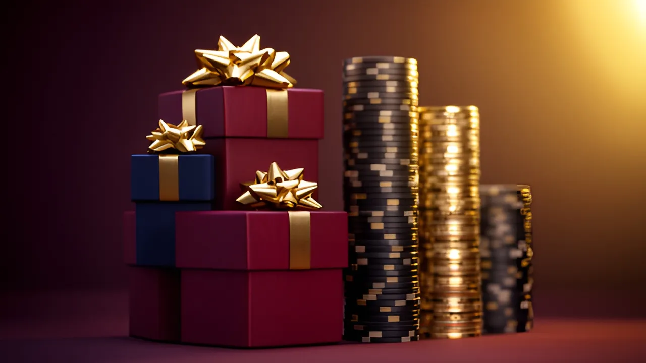 Torre de caixas de oferta com fichas de casino, a ilustrar os pacotes de boas-vindas de três e quatro depósitos da tabela