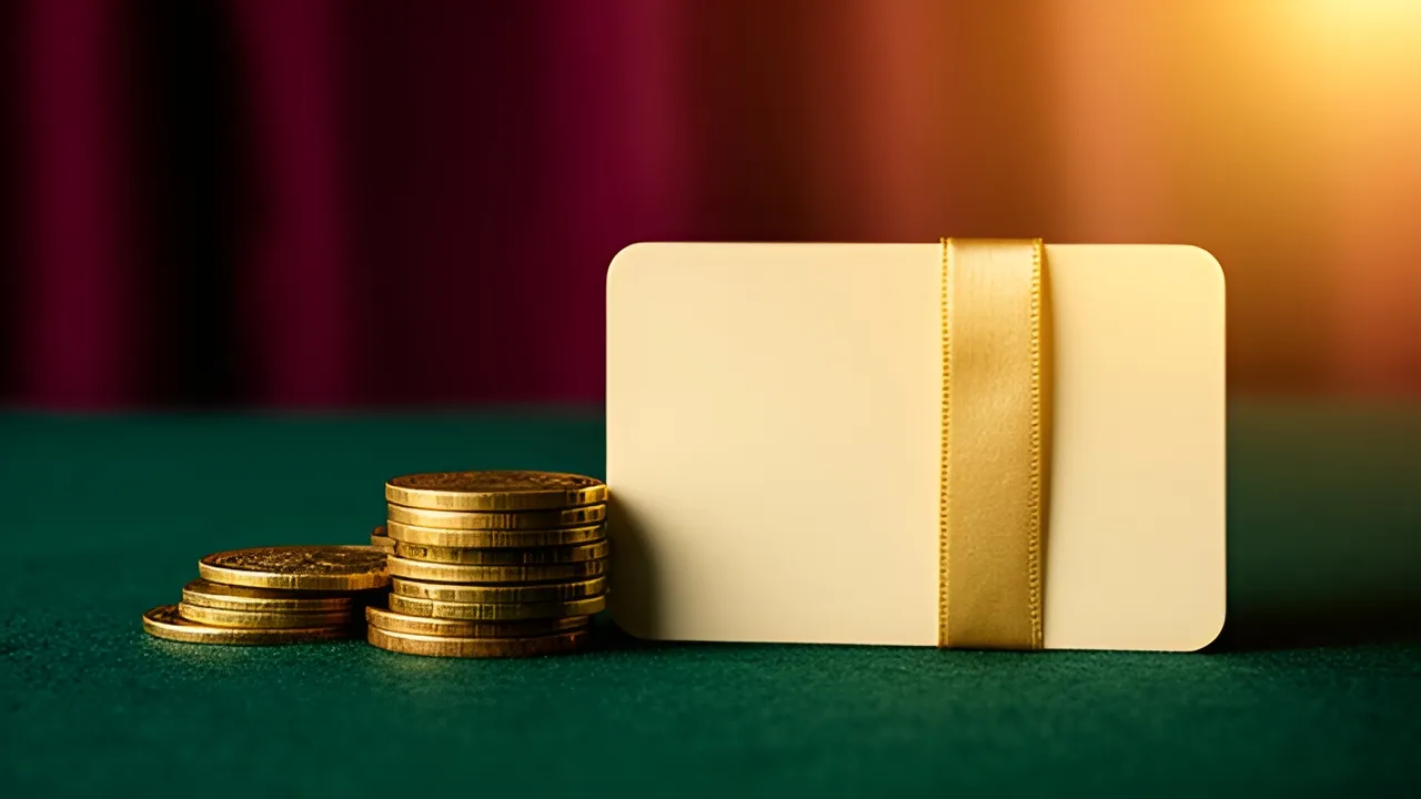 Moedas ao lado de um cartão-oferta em branco, a lembrar o teto de 50 € nos ganhos de ofertas sem depósito estrangeiras