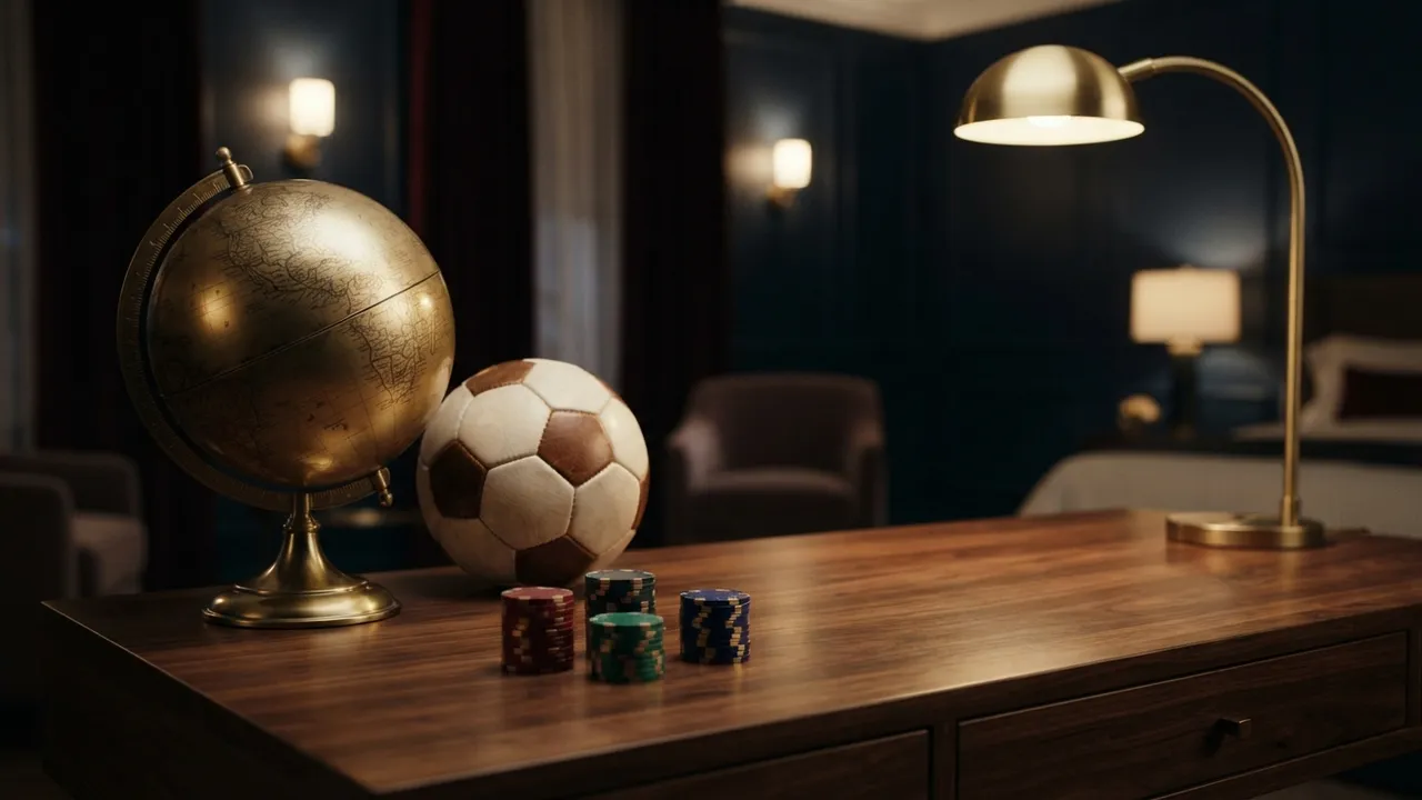 Globo dourado, bola de futebol e fichas numa secretária de hotel, a ilustrar licenças de Curaçao, Anjouan e Estónia que se confirmam em registos de países diferentes