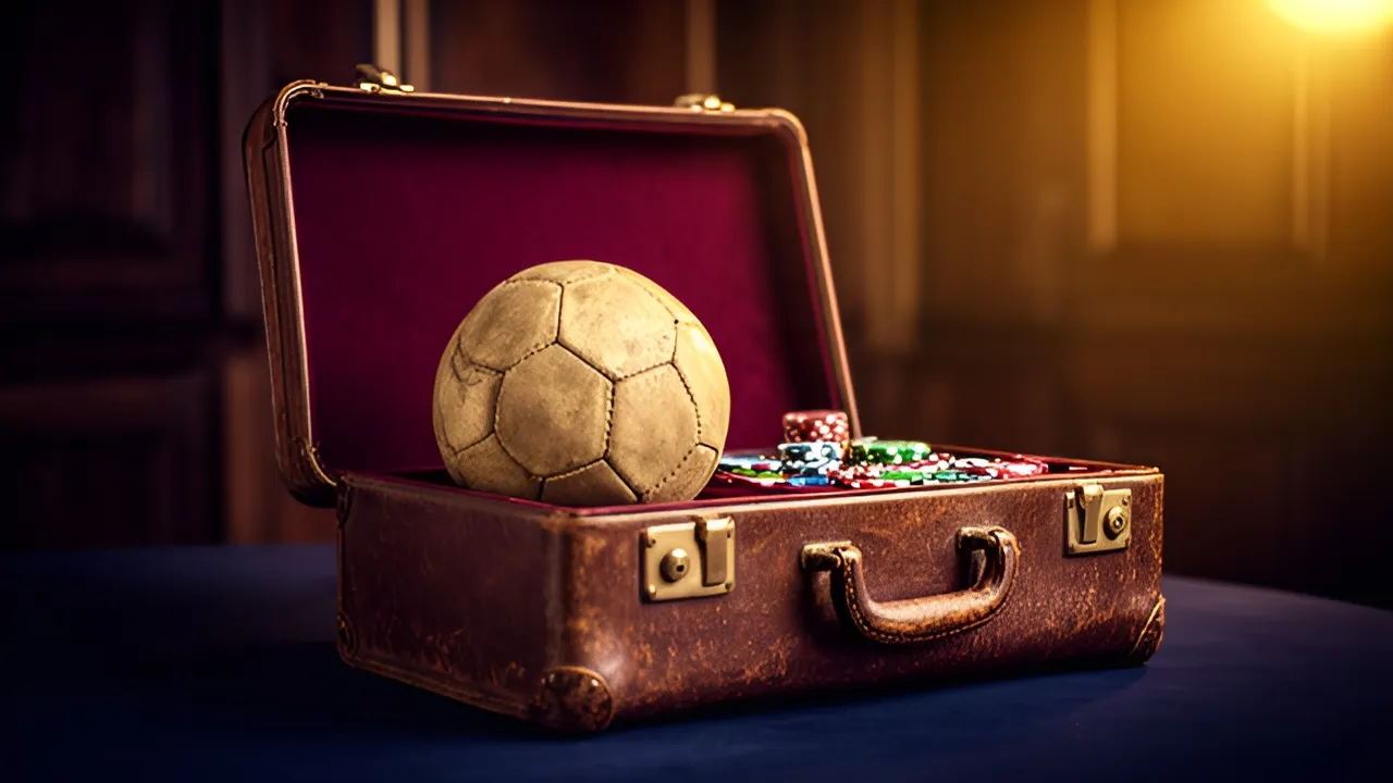 Mala aberta com bola de futebol e fichas, a ilustrar o limiar de 4.000 NAf nos operadores licenciados em Curaçao, a partir do qual a verificação de identidade passa a ser obrigatória