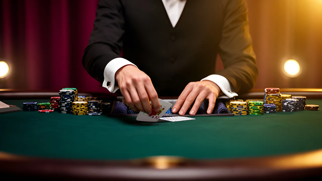 Crupiê a distribuir cartas numa mesa de blackjack num estúdio, como as que a Evolution e a Pragmatic Play transmitem