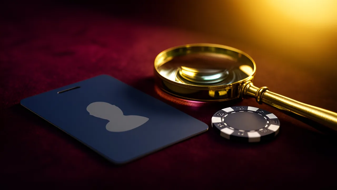 Cartão de identificação em branco visto através de uma lupa, a ilustrar o momento em que o casino pede a verificação