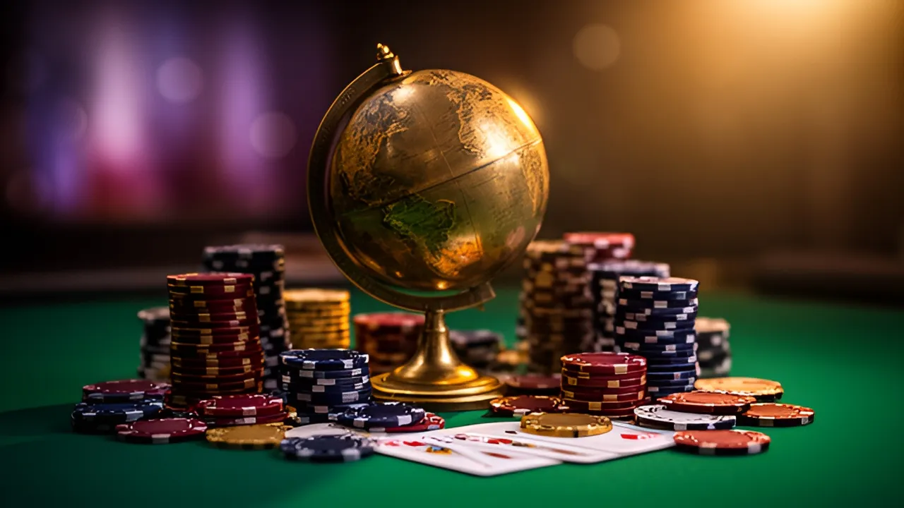 Globo com fichas de casino, a ilustrar as licenças de Curaçao, Anjouan, Malta e Estónia que cada registo confirma
