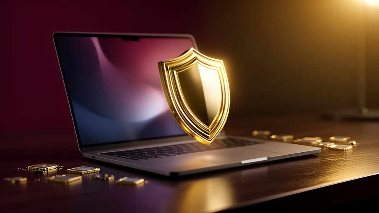 Portátil com um escudo dourado, a ilustrar as cláusulas de VPN e de localização nos T&C dos casinos