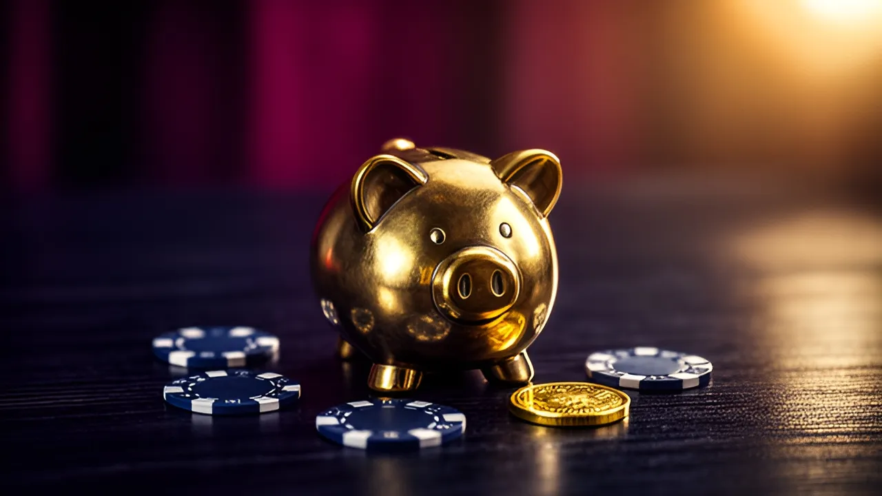 Mealheiro de latão com fichas de casino ao lado, a ilustrar o depósito mínimo de 20 € dos bónus