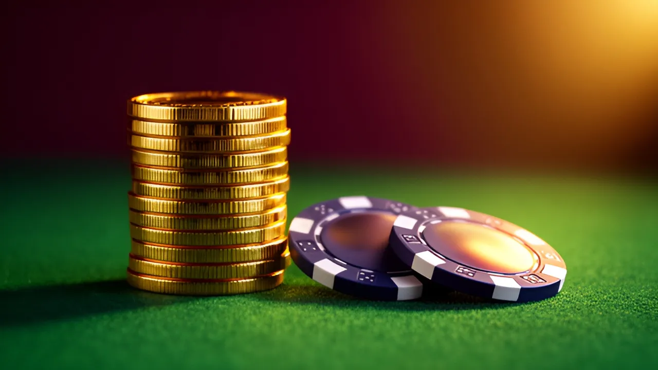Dez moedas e duas fichas de casino sobre uma mesa, o valor de um depósito de 10 €