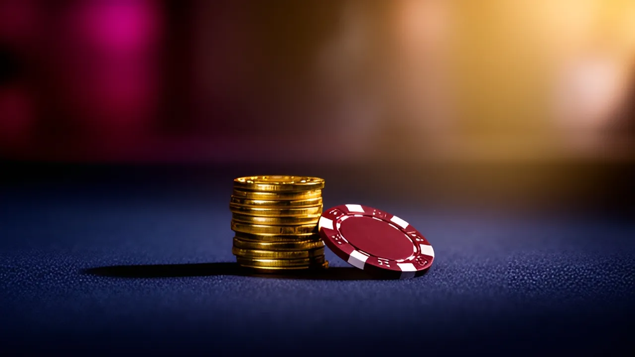 Cinco moedas alinhadas junto a uma ficha de casino, a representar um depósito de 5 €