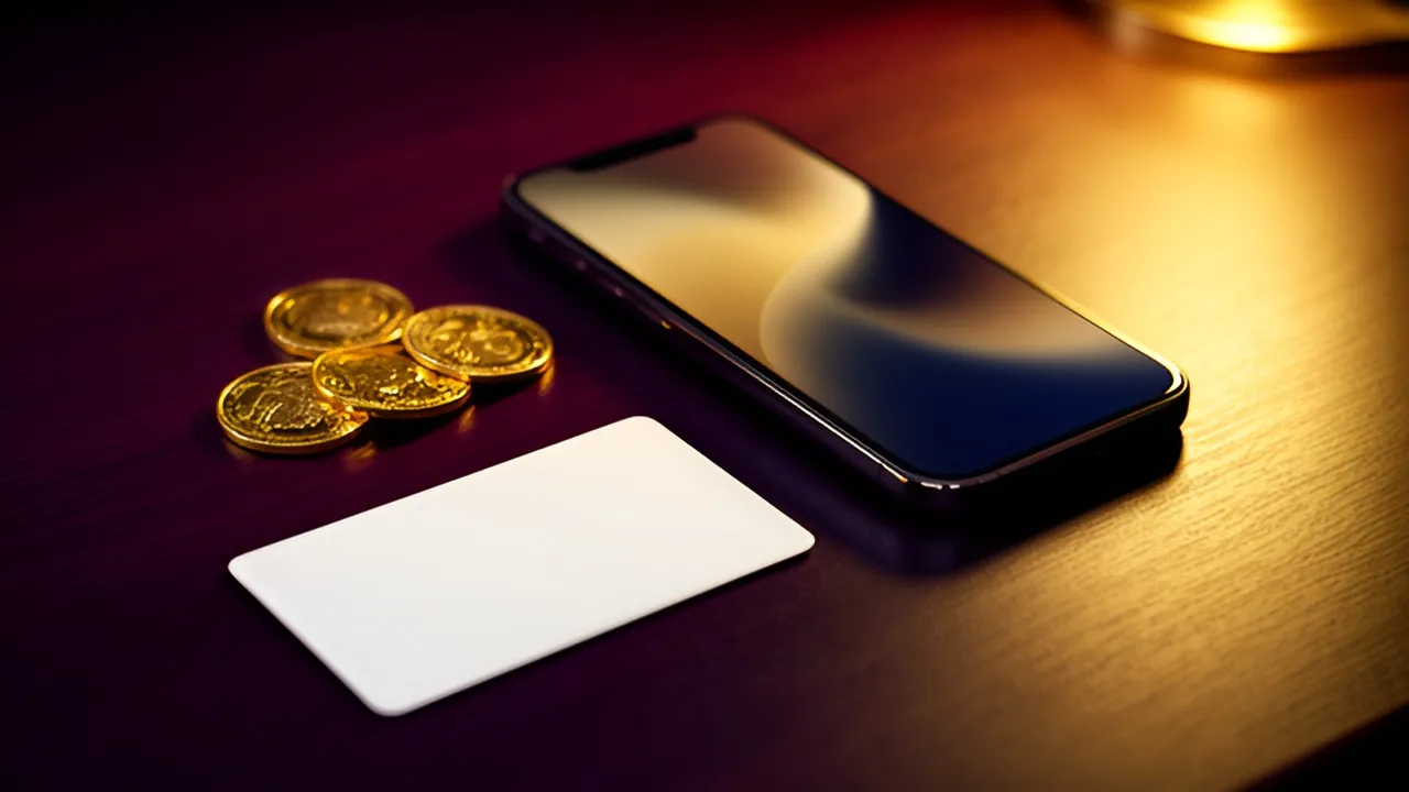 Voucher pré-pago, moedas e telemóvel sobre uma mesa, a ilustrar que o voucher Paysafecard começa em 10 € e deixa saldo sobrante num depósito de 5 €