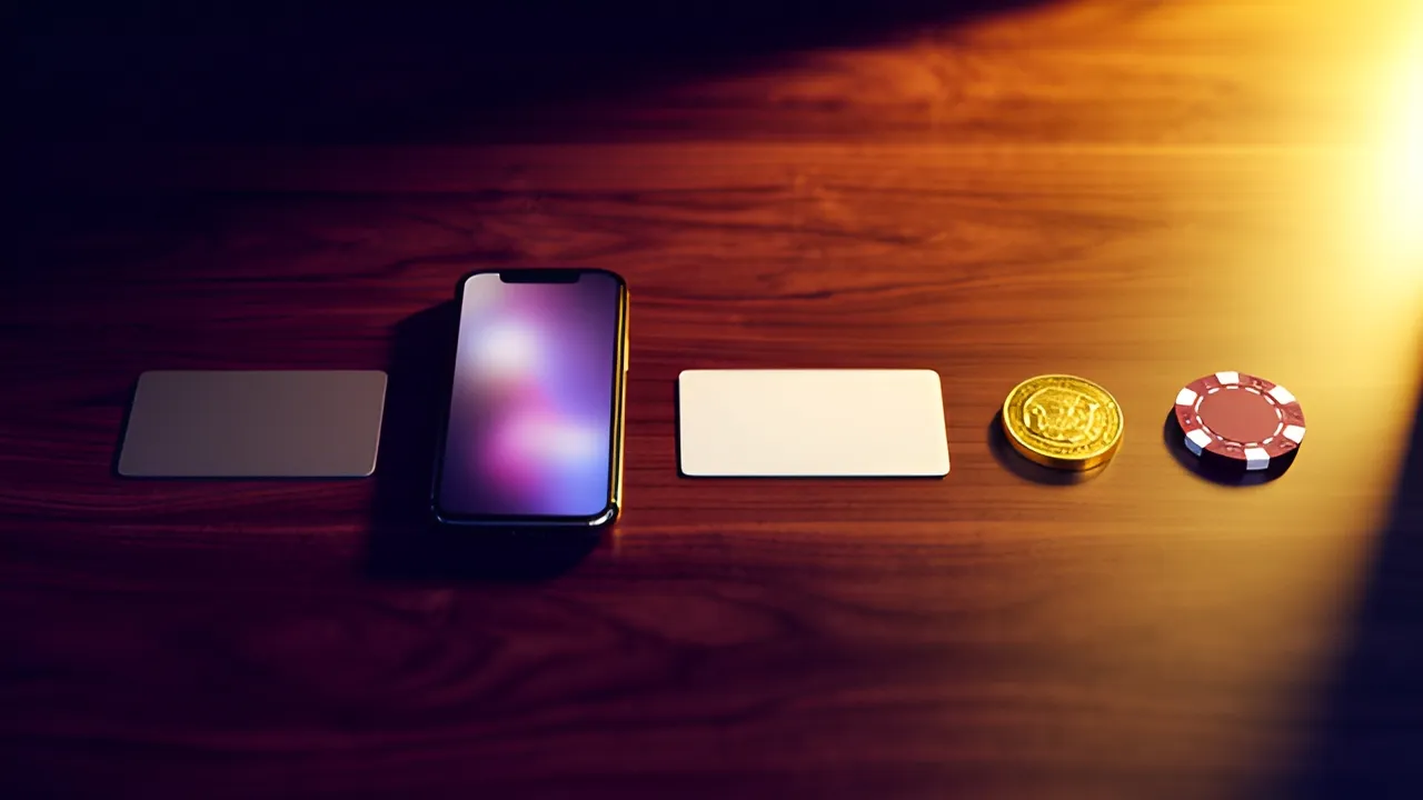 Cartão bancário, telemóvel, voucher, moeda cripto e ficha de casino numa mesa, os formatos de pagamento comparados na tabela
