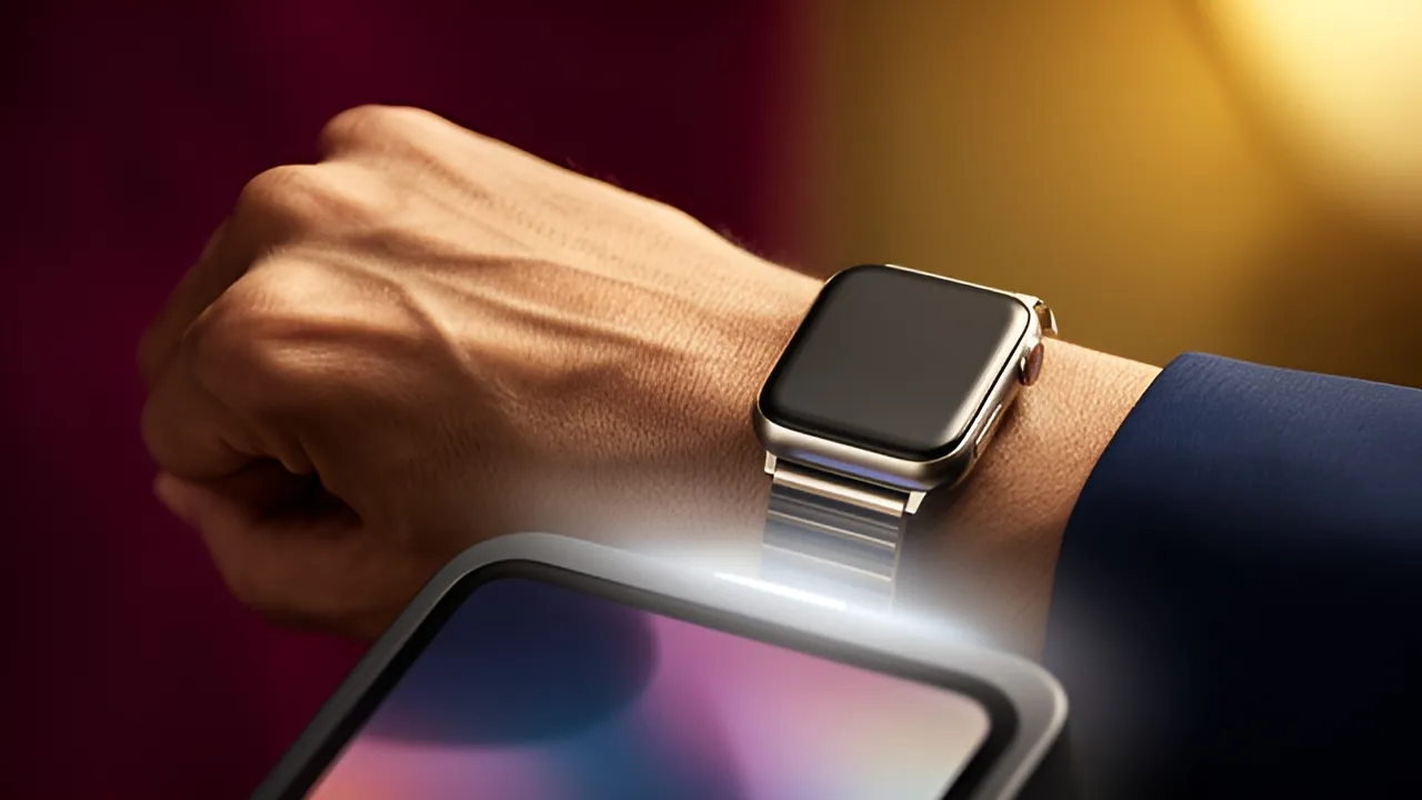 Relógio inteligente no pulso junto a um terminal de pagamento, como no depósito por Apple Pay num casino da tabela