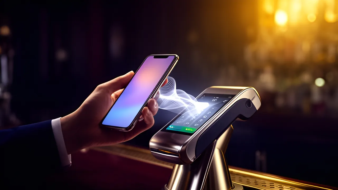 Telemóvel encostado a um terminal num balcão de bar, a ilustrar o Google Pay, que só os operadores com licença no país podem integrar