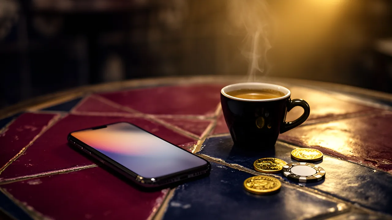 Telemóvel numa mesa de café com um expresso, à espera de confirmar um pedido de pagamento MB Way
