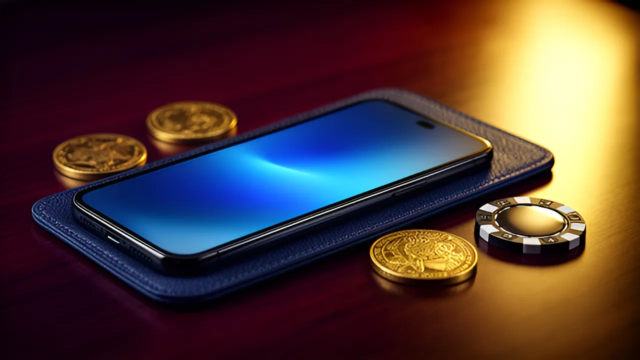 Telemóvel com capa azul-marinho e ecrã azul rodeado de moedas, a ilustrar o PayPal como depósito e levantamento em casinos licenciados pelo SRIJ