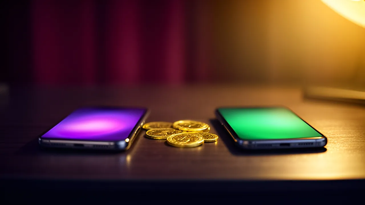 Dois telemóveis, um roxo e outro verde, rodeados de moedas, a representar as carteiras Skrill e Neteller do grupo Paysafe