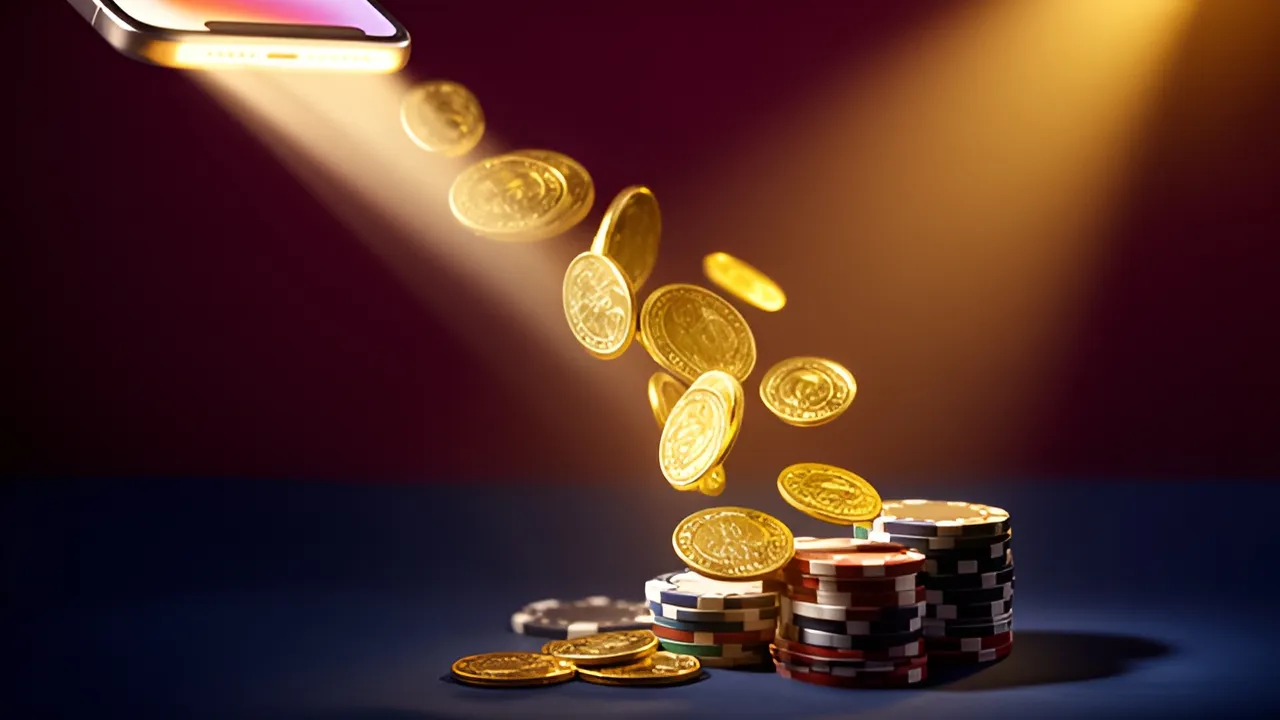 Moedas a fluir para fichas de casino, imagem que ilustra o custo de carregar uma carteira digital antes de jogar