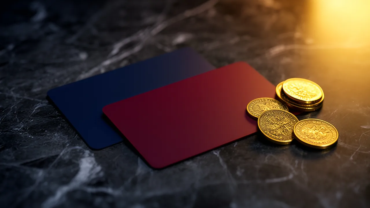 Dois cartões bancários lisos sobre uma bancada de mármore, ilustração do depósito por cartão nos casinos da tabela