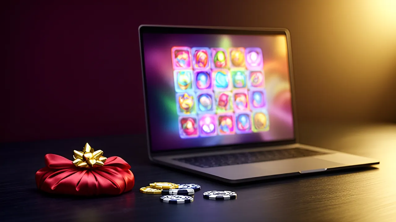 Portátil com mosaicos de jogos luminosos e uma fita, sobre a tabela das três datas que dão a idade de um casino