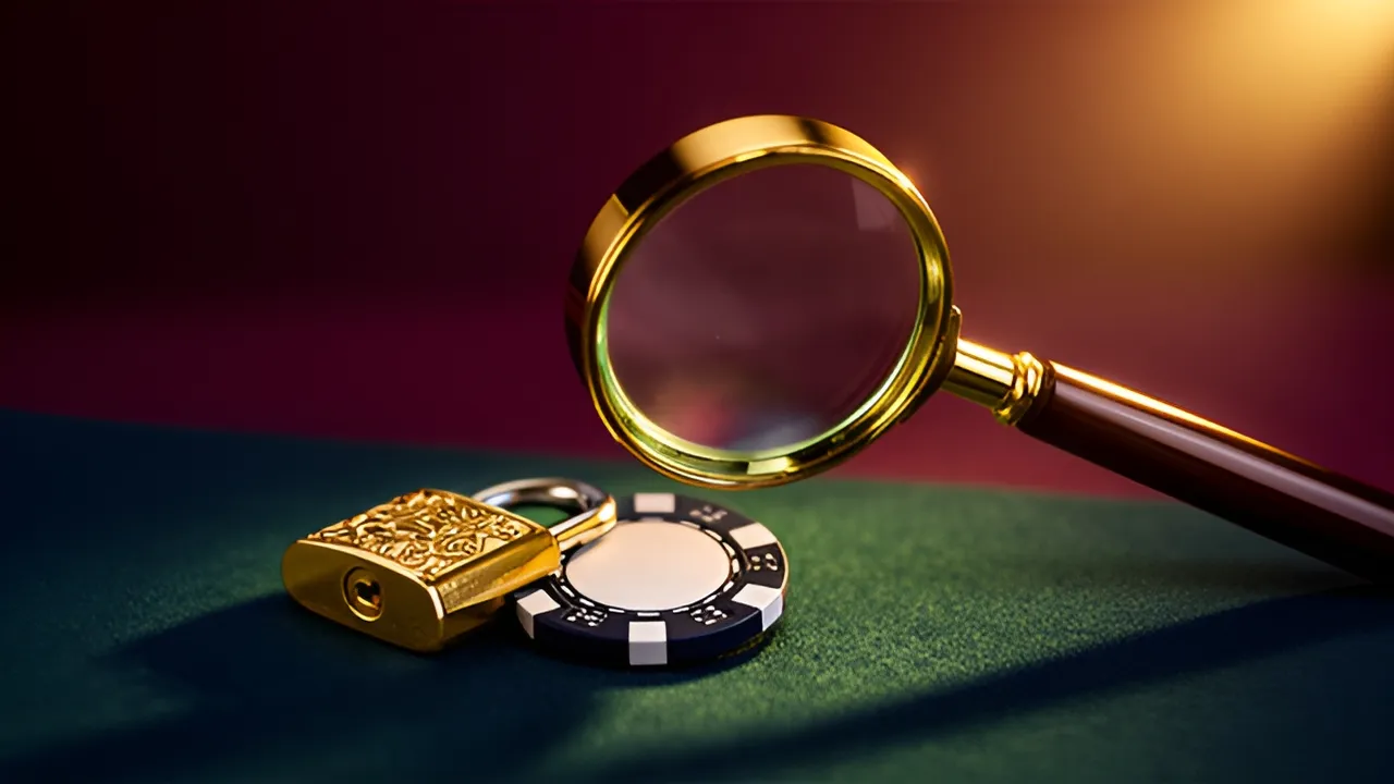 Lupa sobre uma ficha de casino e um cadeado, a ilustrar a verificação do número de licença no registo